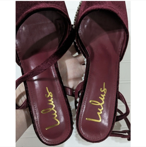 Lulus Shoes Red Velvet With Pearls High Heel Wrap Ankle Stiletto Prom Dance - Picture 9 of 9